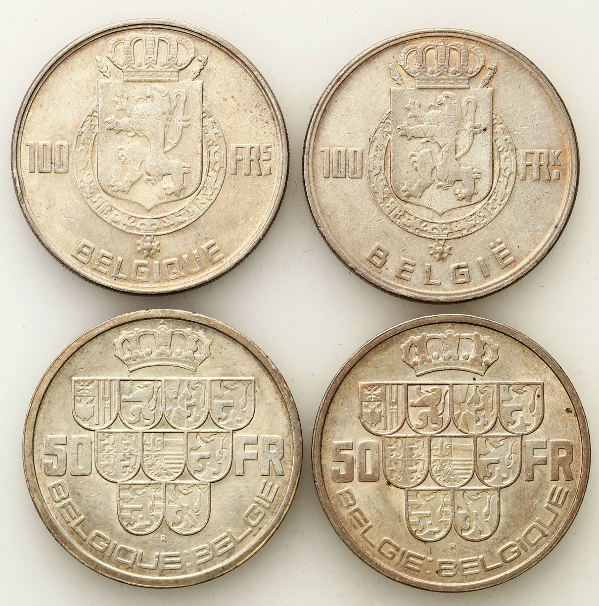 Belgia. 50 franków 1939, 1940, 100 franków 1948 zestaw 4 monet